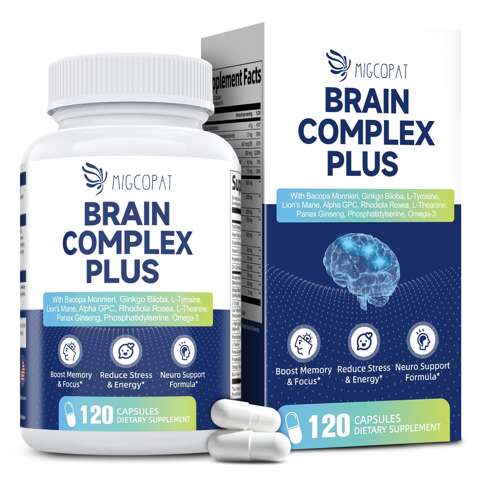 Brain Supplements for Memory & Focus - Nootropic with Bacopa Monnieri, Lion's Mane, Alpha GPC, Phosphatidylserine | Supports Mental Clarity & Cognitive Function | Vitamin B6 & B12-120 Capsules - Maple Wellness Supplements