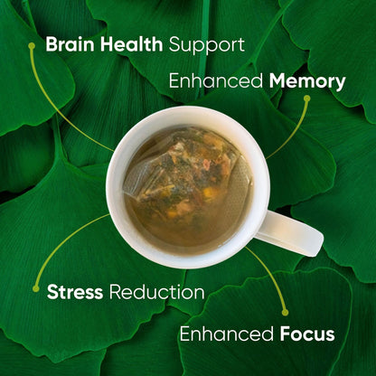 Brain Tea Focus & Memory - Brain Tea Organic Certified 4-in-1 Nootropic Herbal Supplement with Ginkgo Biloba, Gotu Kola, Lion’s Mane Mushroom, MCT Caffeine-Free for Mental Clarity (30 Sachets) - Maple Wellness Supplements