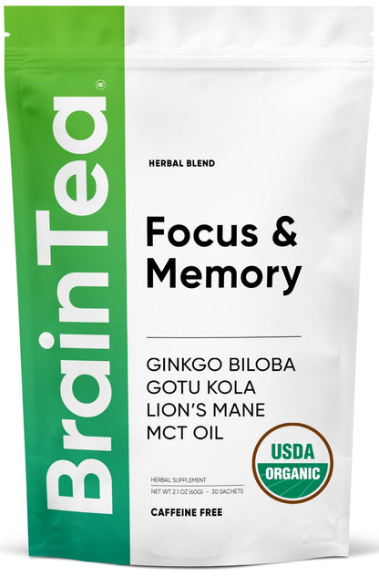 Brain Tea Focus & Memory - Brain Tea Organic Certified 4-in-1 Nootropic Herbal Supplement with Ginkgo Biloba, Gotu Kola, Lion’s Mane Mushroom, MCT Caffeine-Free for Mental Clarity (30 Sachets) - Maple Wellness Supplements