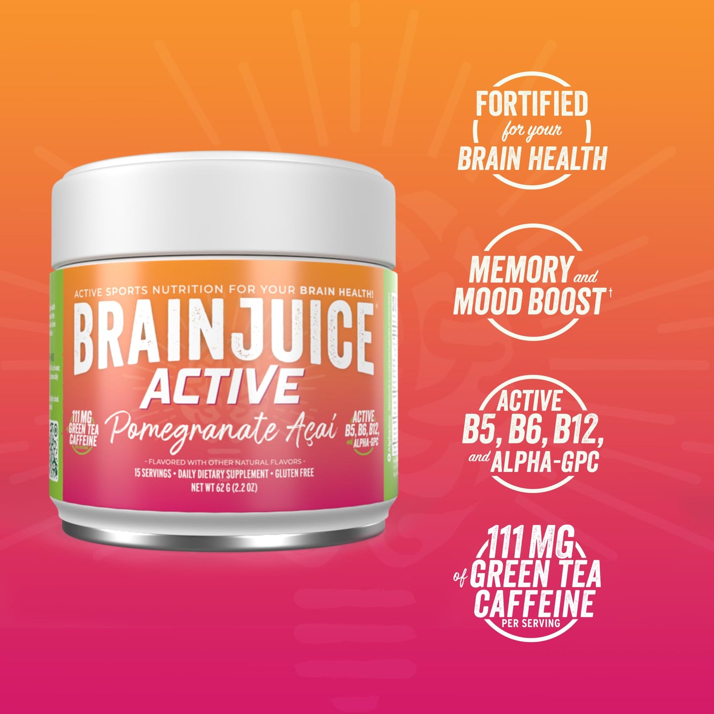BrainJuice Nootropics Brain Support Supplement, Gluten Free Powder for Energy and Focus, Pre Workout w/Alpha GPC, Vitamin B & Organic Green Tea Extract Caffeine, Active Pomegranate Acai, 15 Servings - Maple Wellness Supplements