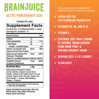 BrainJuice Nootropics Brain Support Supplement, Gluten Free Powder for Energy and Focus, Pre Workout w/Alpha GPC, Vitamin B & Organic Green Tea Extract Caffeine, Active Pomegranate Acai, 15 Servings - Maple Wellness Supplements