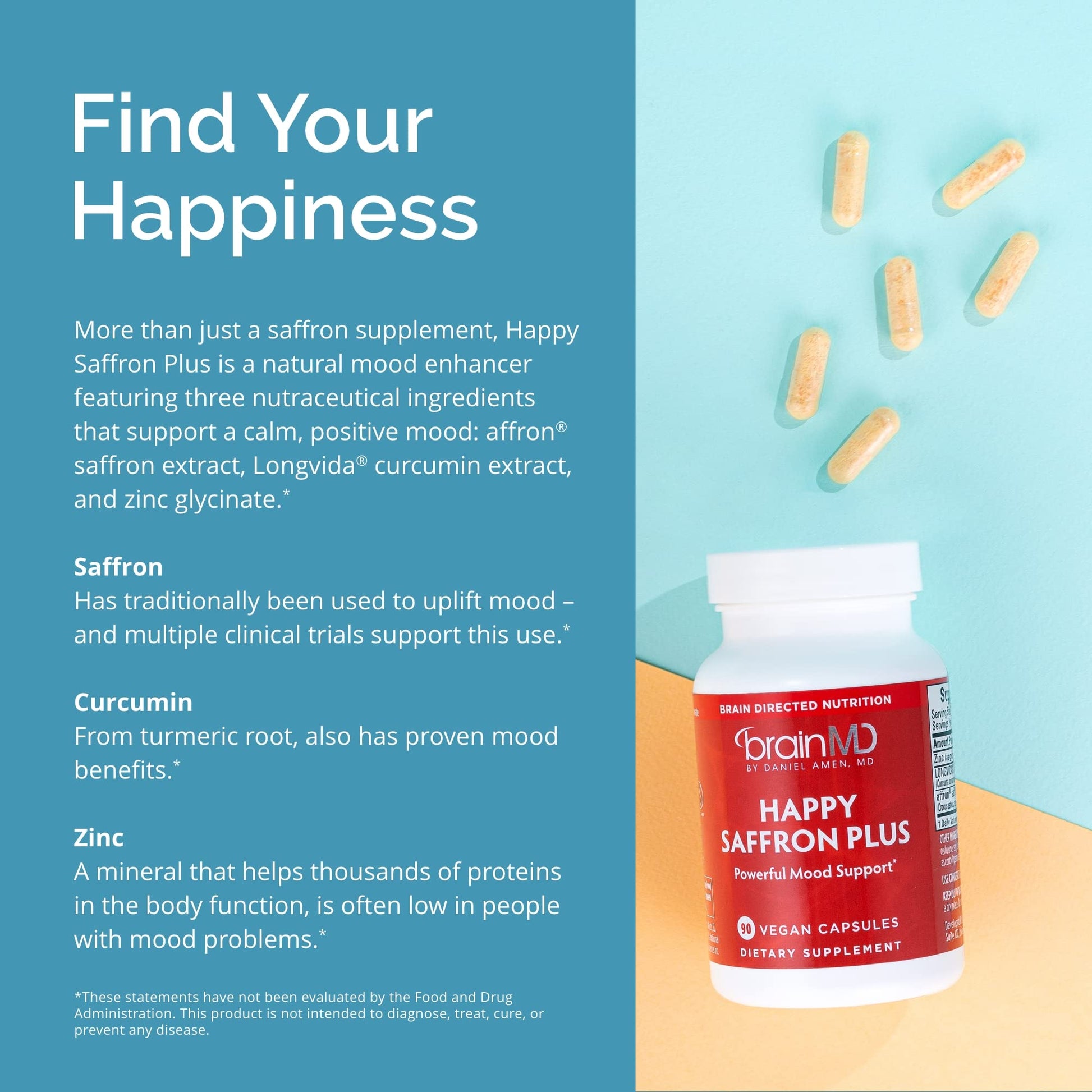 BRAINMD Dr Amen Happy Saffron Plus - 90 Capsules - with Saffron Flower Extract, Curcumin & Zinc - Vegan - Maple Wellness Supplements