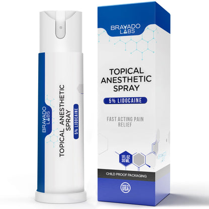 Bravado Labs 5% Lidocaine Spray Pain Relief - Maximum Strength Numbing Spray with Arnica & Emu Oil - Topical Anesthetic for Burns, Pain & Itch Relief - 1oz - Maple Wellness Supplements