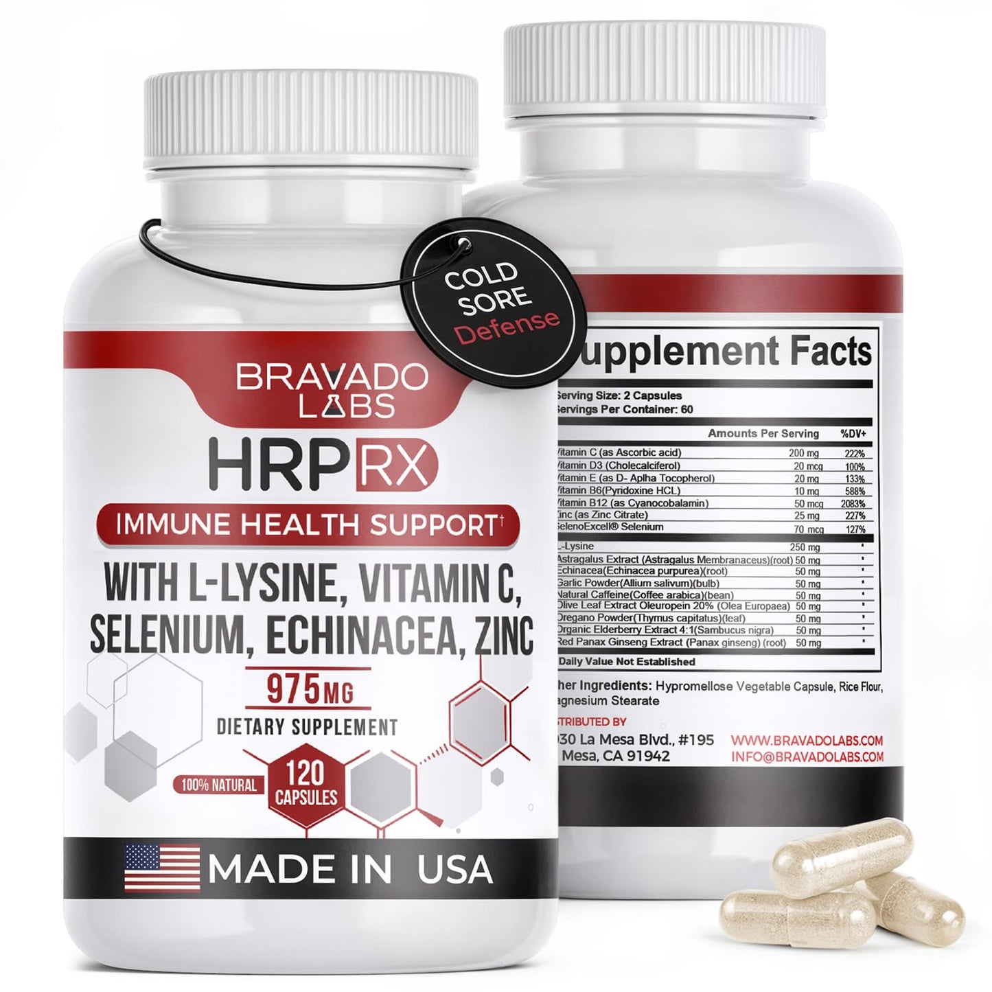 Bravado Labs L-Lysine 250mg Capsules – Immune & Cold Sore Support – Vegan, Non-GMO, Allergen-Free, 3rd-Party Tested - Maple Wellness Supplements