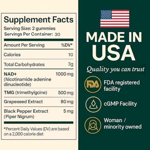 b.Ready NAD+ Gummies, Premium 1000 mg NAD Supplement with 500 mg TMG, Grape Seed & Black Pepper Extract – NAD+ for Healthy Aging, Cellular Energy & Antioxidant Support, Vegan, Sugar-Free, 60 Count - Maple Wellness Supplements