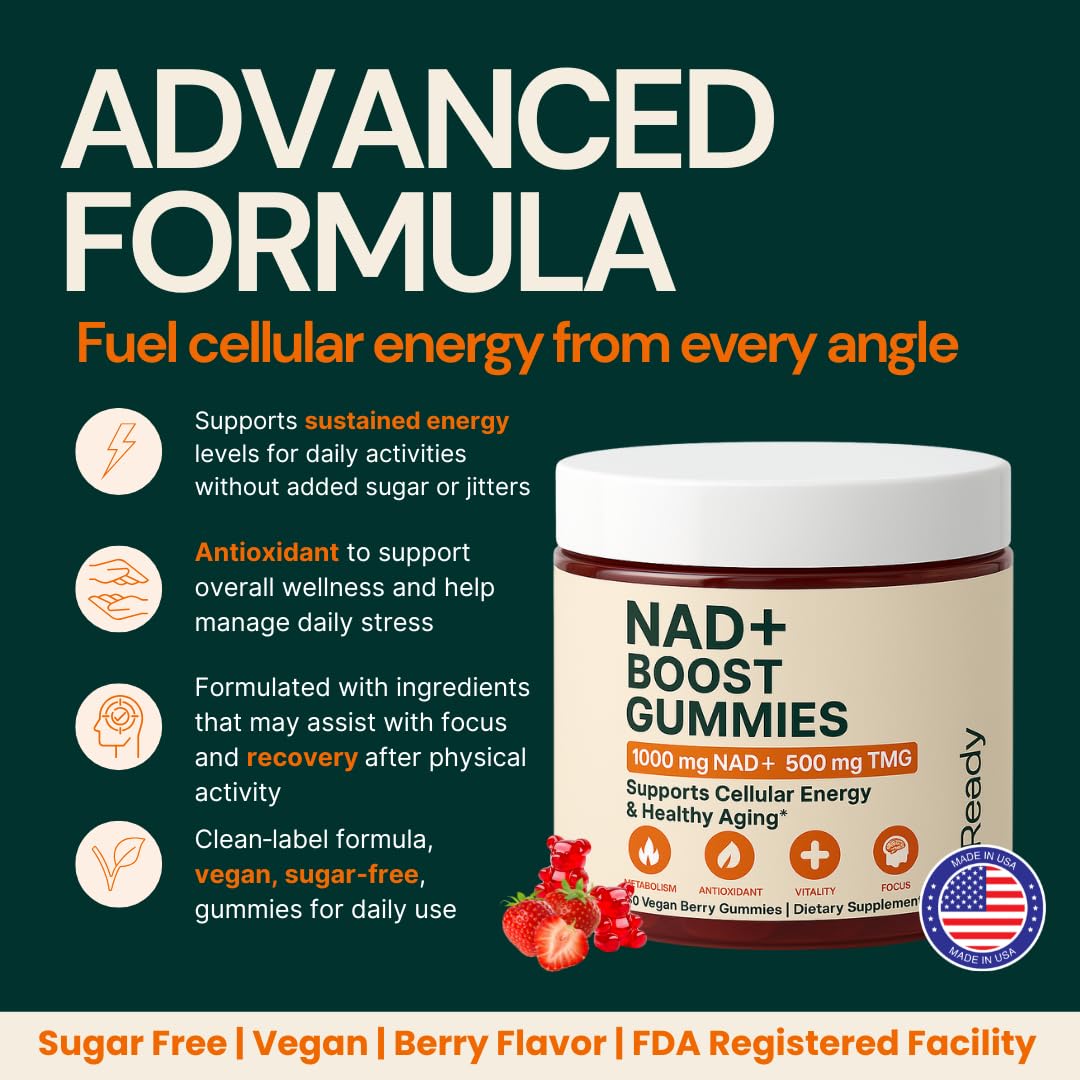 b.Ready NAD+ Gummies, Premium 1000 mg NAD Supplement with 500 mg TMG, Grape Seed & Black Pepper Extract – NAD+ for Healthy Aging, Cellular Energy & Antioxidant Support, Vegan, Sugar-Free, 60 Count - Maple Wellness Supplements