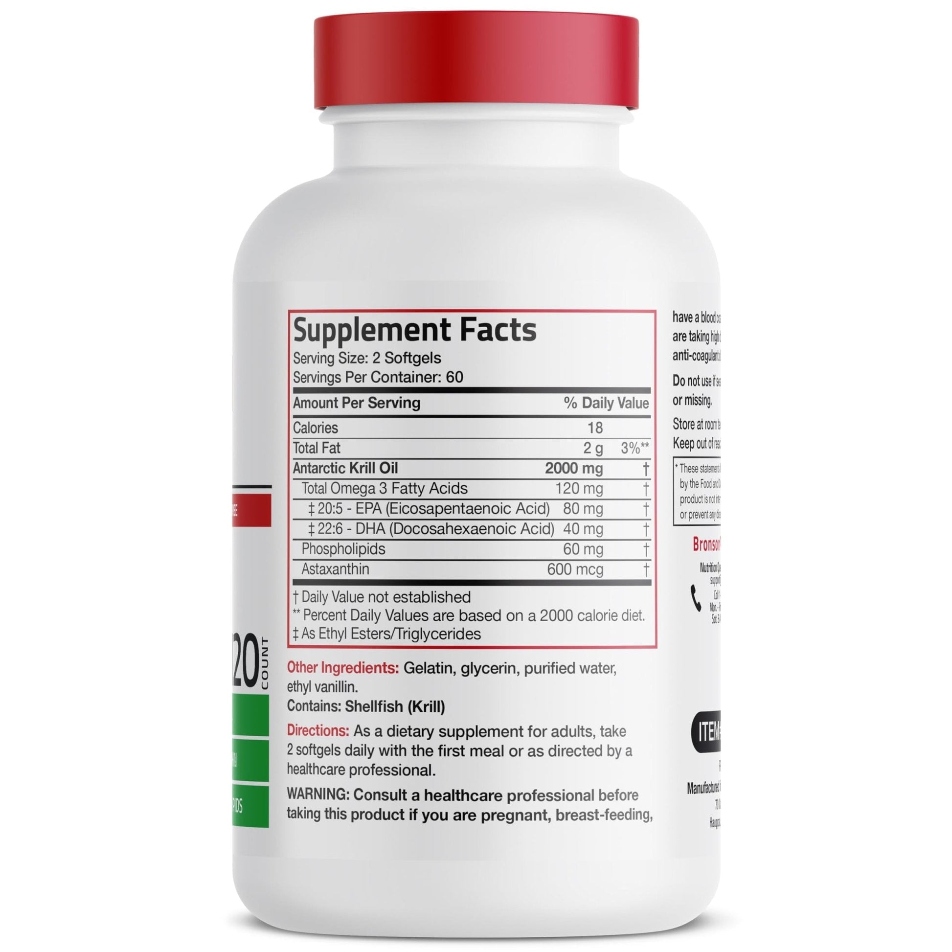 Bronson Antarctic Krill Oil 2000 mg with Omega-3s EPA, DHA, Astaxanthin and Phospholipids 120 Softgels (60 Servings) - Maple Wellness Supplements