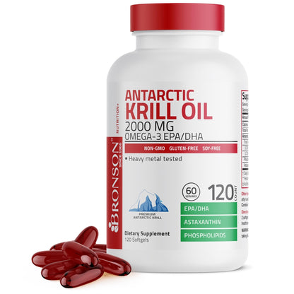 Bronson Antarctic Krill Oil 2000 mg with Omega-3s EPA, DHA, Astaxanthin and Phospholipids 120 Softgels (60 Servings) - Maple Wellness Supplements