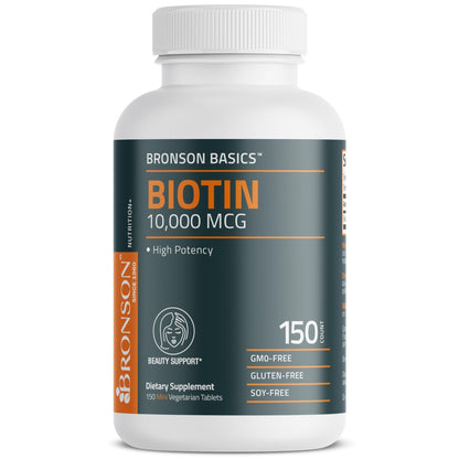Bronson Biotin 10,000mcg, Supports Healthy Hair, Skin and Nails, Vegetarian, Non-GMO, 150 Tablets - Maple Wellness Supplements