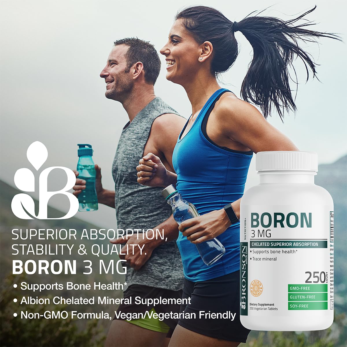 Bronson Boron 3 MG Chelated Superior Absorption Supports Bone Health Trace Mineral, Non-GMO, 250 Vegetarian Tablets - Maple Wellness Supplements