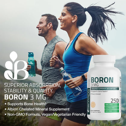 Bronson Boron 3 MG Chelated Superior Absorption Supports Bone Health Trace Mineral, Non-GMO, 250 Vegetarian Tablets - Maple Wellness Supplements
