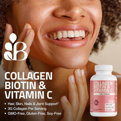 Bronson Collagen Peptides 3000mg (per Serving) with Biotin & Vitamin C - for Hair, Skin & Nails Support, Non-GMO, 90 Tablets - Maple Wellness Supplements
