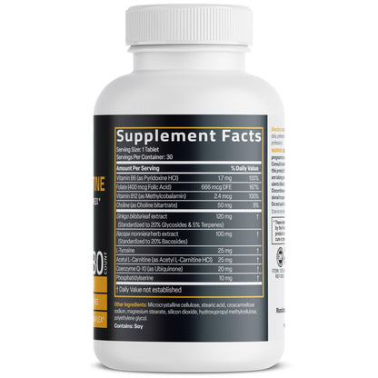 Bronson Ginkgo, Bacopa & Acetyl L-Carnitine Brain & Memory Support Complex with L-Tyrosine, Choline, CoQ10 & Phosphatidylserine Plus Key B Vitamins Non-GMO, 30 Tablets - Maple Wellness Supplements