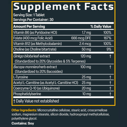 Bronson Ginkgo, Bacopa & Acetyl L-Carnitine Brain & Memory Support Complex with L-Tyrosine, Choline, CoQ10 & Phosphatidylserine Plus Key B Vitamins Non-GMO, 30 Tablets - Maple Wellness Supplements