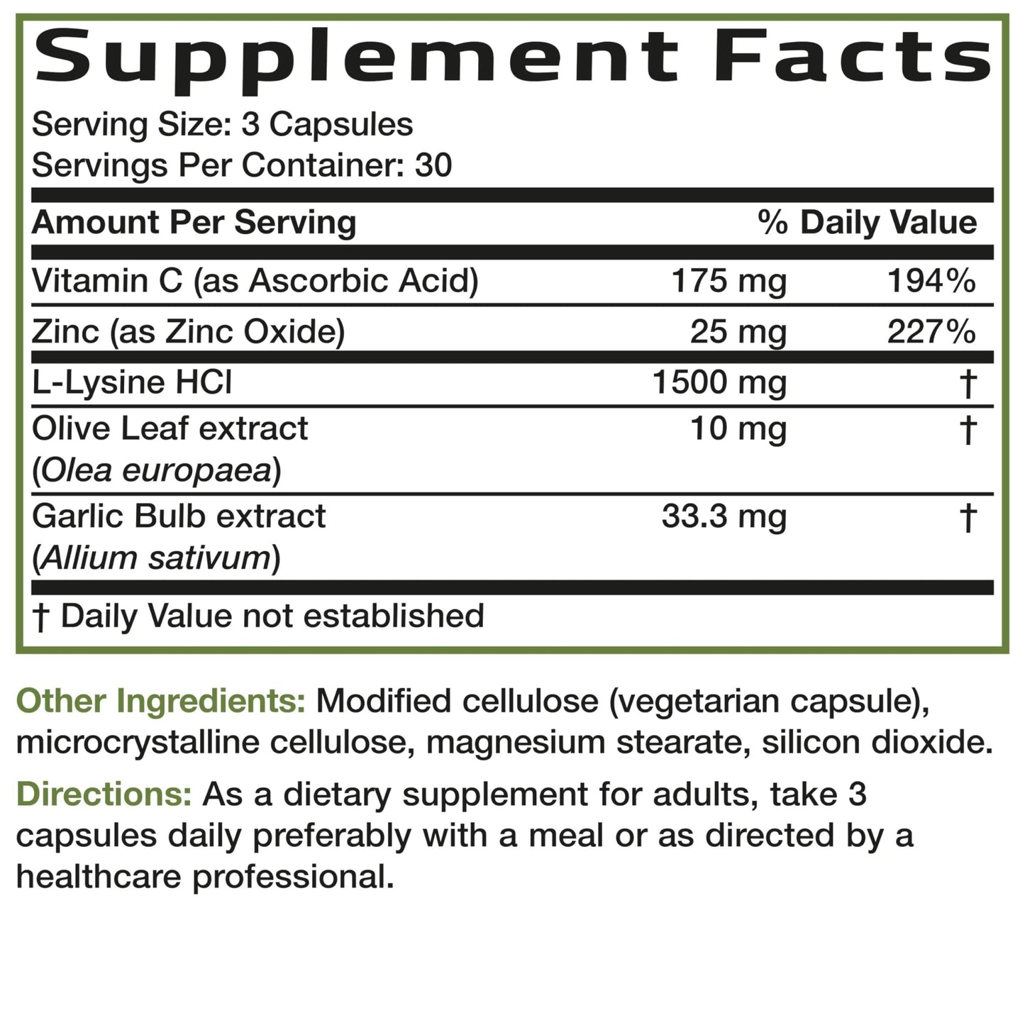 Bronson L-Lysine Defense Immune Support Complex 1500 MG L-Lysine Plus Olive Leaf, Garlic, Vitamin C and Zinc - Maple Wellness Supplements