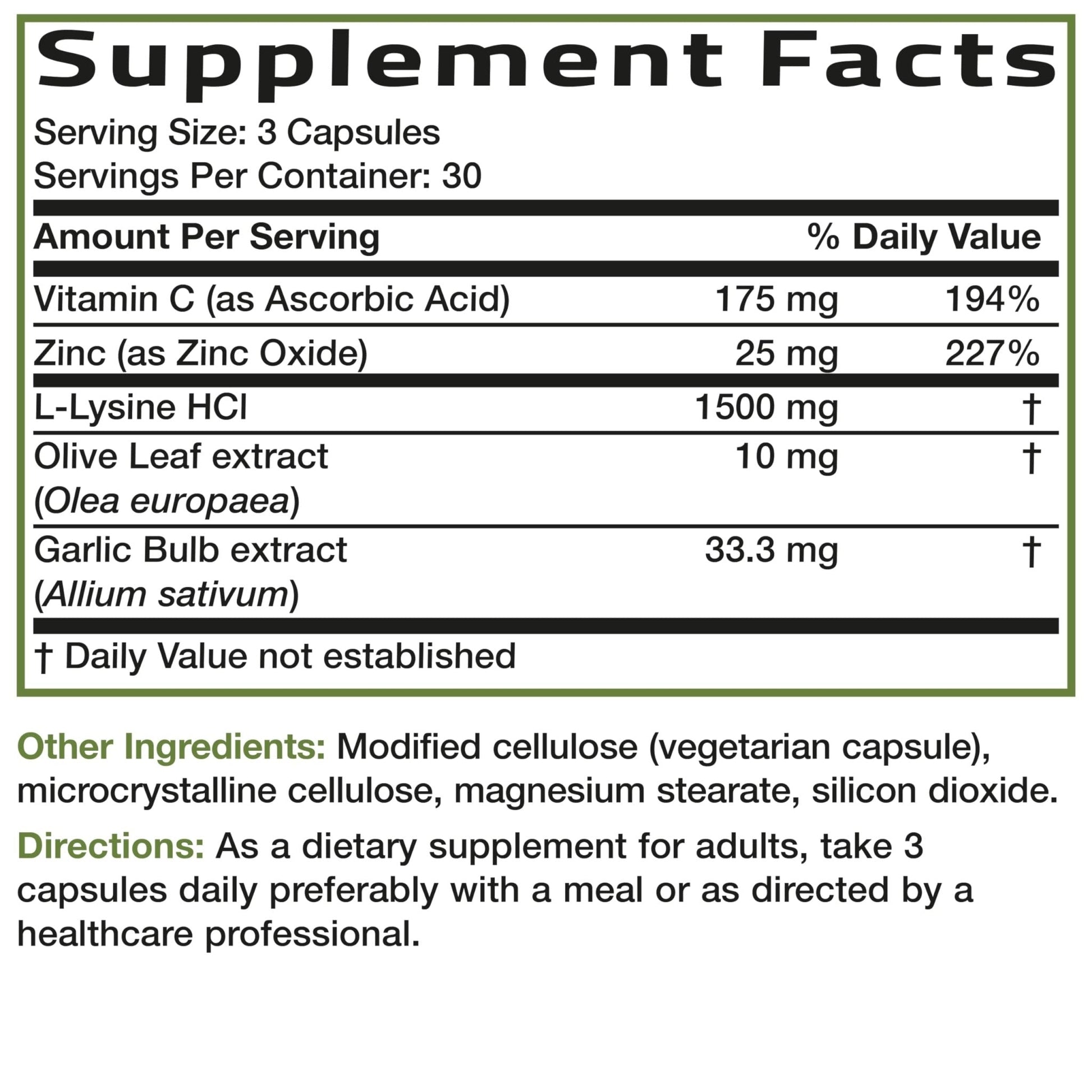Bronson L-Lysine Defense Immune Support Complex 1500 MG L-Lysine Plus Olive Leaf, Garlic, Vitamin C and Zinc - Maple Wellness Supplements