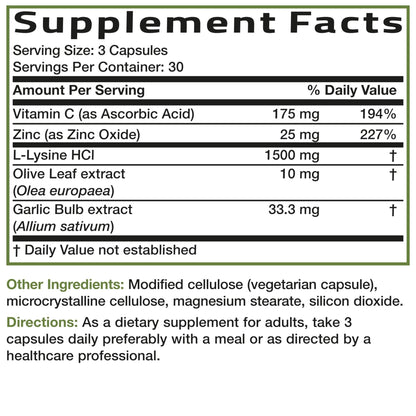 Bronson L-Lysine Defense Immune Support Complex 1500 MG L-Lysine Plus Olive Leaf, Garlic, Vitamin C and Zinc - Maple Wellness Supplements