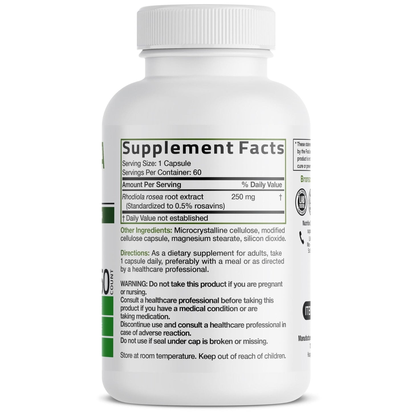 Bronson Rhodiola Rosea Vegetarian Capsules - Adaptogenic Herb - Brain, Stress & Mood Support - Non-GMO, 60 Count - Maple Wellness Supplements