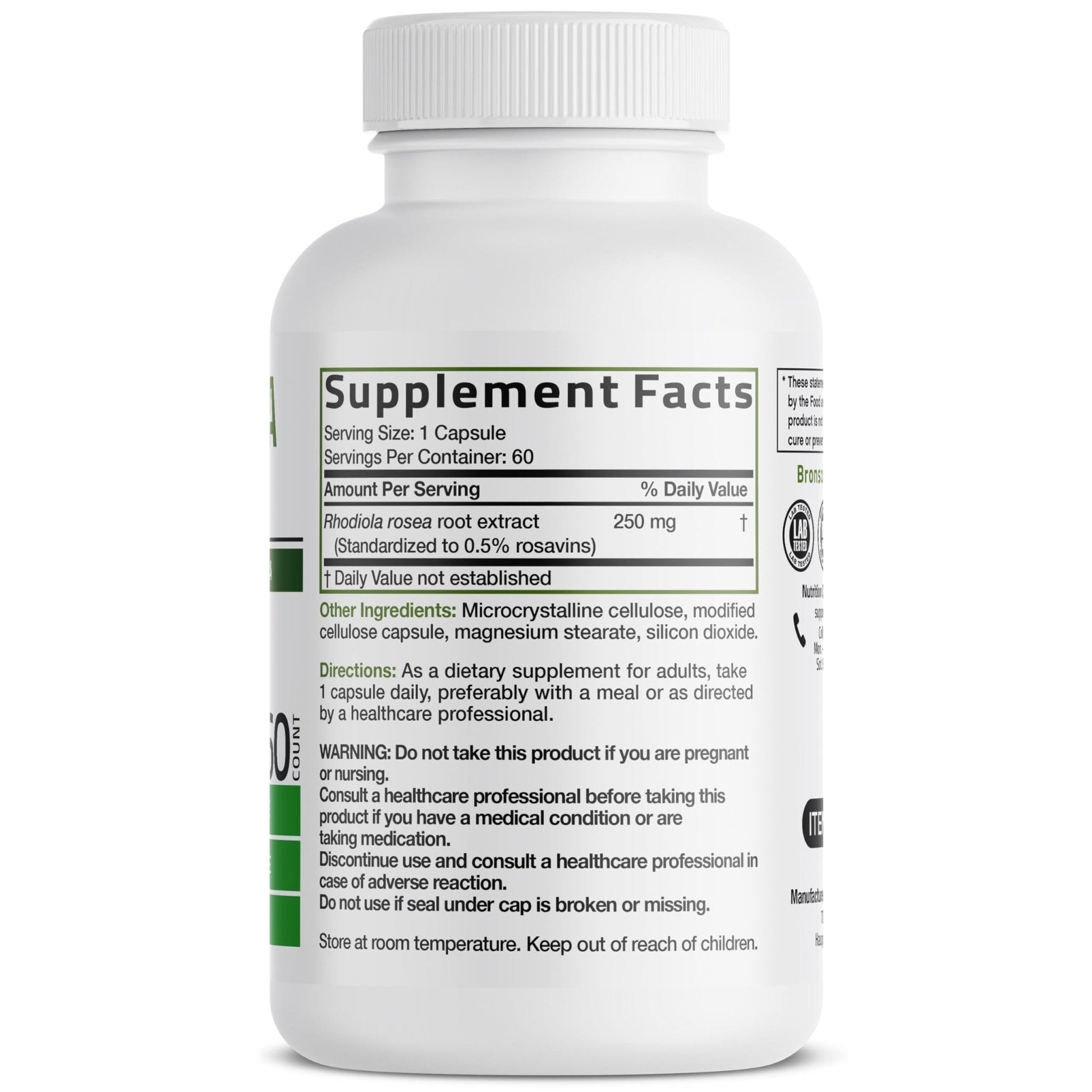 Bronson Rhodiola Rosea Vegetarian Capsules - Adaptogenic Herb - Brain, Stress & Mood Support - Non-GMO, 60 Count - Maple Wellness Supplements