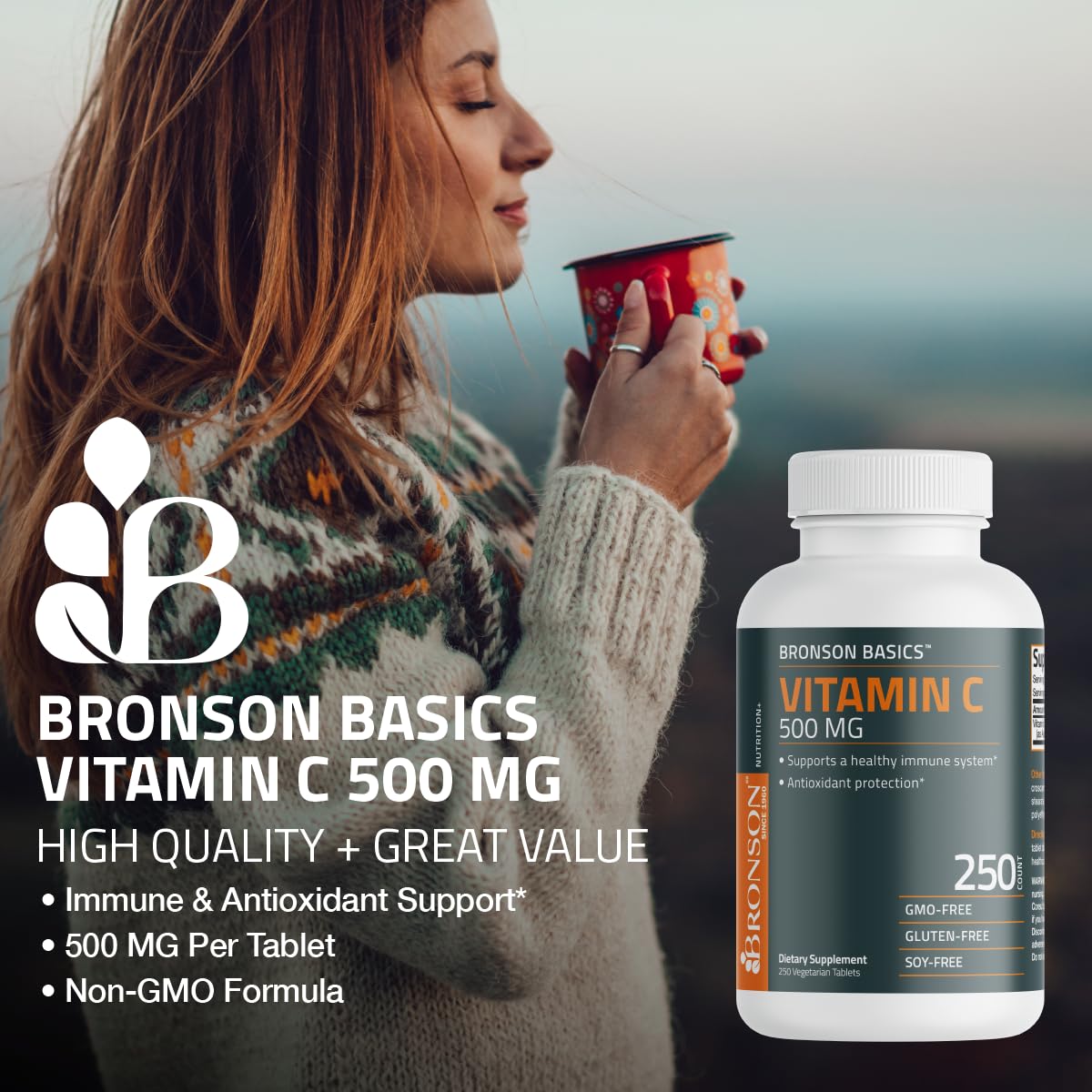 Bronson Vitamin C 500 MG Supports a Healthy Immune System & Antioxidant Protection, Non-GMO, 250 Vegetarian Tablets - Maple Wellness Supplements