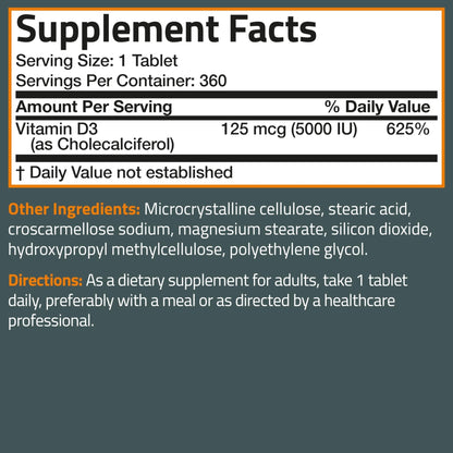 Bronson Vitamin D3 5000iu (125mcg) Healthy Muscle Function and Immune Support, Non-GMO, 360 Tablets - Maple Wellness Supplements