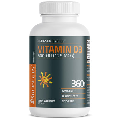 Bronson Vitamin D3 5000iu (125mcg) Healthy Muscle Function and Immune Support, Non-GMO, 360 Tablets - Maple Wellness Supplements