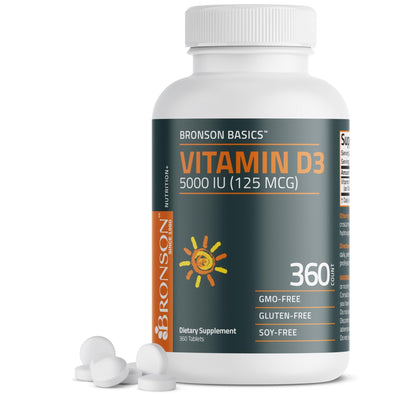 Bronson Vitamin D3 5000iu (125mcg) Healthy Muscle Function and Immune Support, Non-GMO, 360 Tablets - Maple Wellness Supplements