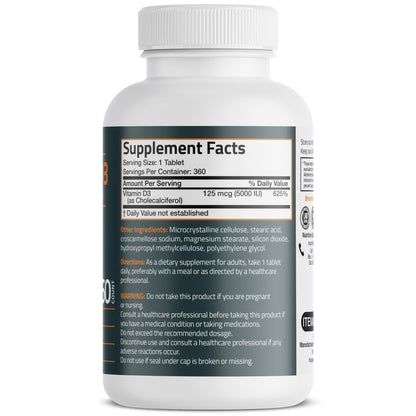 Bronson Vitamin D3 5000iu (125mcg) Healthy Muscle Function and Immune Support, Non-GMO, 360 Tablets - Maple Wellness Supplements
