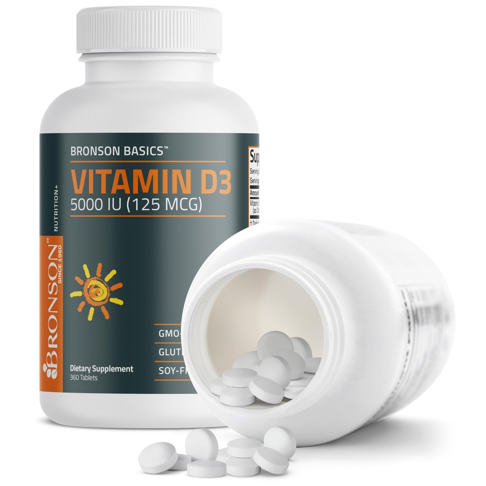 Bronson Vitamin D3 5000iu (125mcg) Healthy Muscle Function and Immune Support, Non-GMO, 360 Tablets - Maple Wellness Supplements