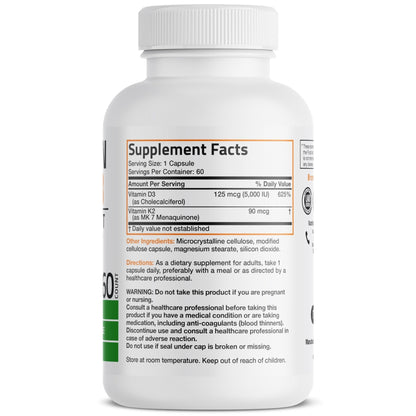 Bronson Vitamin K2 D3 (MK7) Supplement Non-GMO Formula Vitamin D3 5000IU (125 mcg) & 90 mcg K2 MK-7 - Maple Wellness Supplements