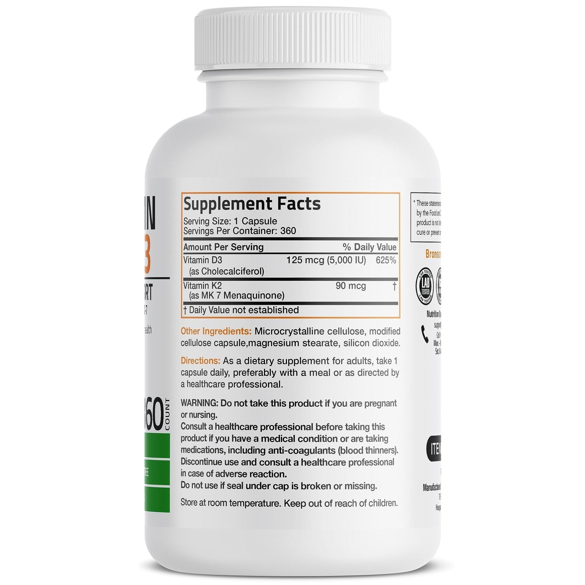 Bronson Vitamin K2 (MK7) with D3 Supplement Non-GMO Formula 5000 IU Vitamin D3 - Maple Wellness Supplements
