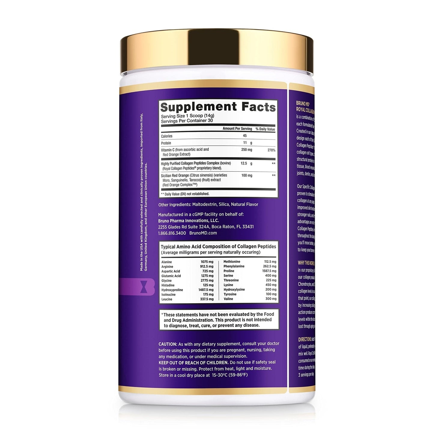 Bruno MD Royal Collagen Peptides, Clinically proven, Dietary Supplement, Improves Skin & Cellulite, European Sourced, Improves the Look of Hair & Nails, Blended with Vitamin C, Bone & Joint Supplement - Maple Wellness Supplements