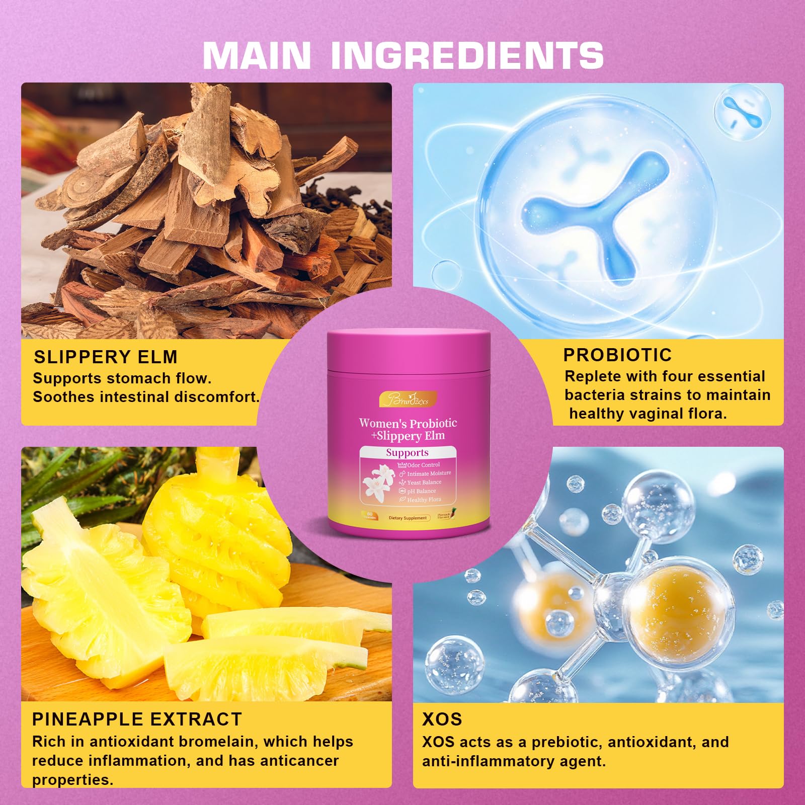 Brurtzexs Her Juicy Feminine Probiotics Gummies for Women with Slippery Elm - Pineapple Flavor, pH Balance & Immune Health Support - Digestive & Feminine Support - Vegan Supplement, 60 C - Maple Wellness Supplements