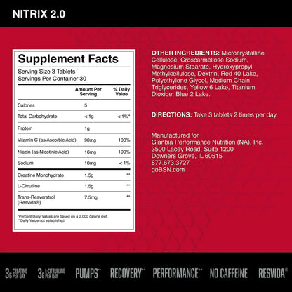 BSN NITRIX 2.0, Workout Supplement, Nitric Oxide Precursors, 3g Creatine, 3g L Citrulline, L-Citrulline, Supports Workout Performance, Pumps, Muscle Recovery - Maple Wellness Supplements