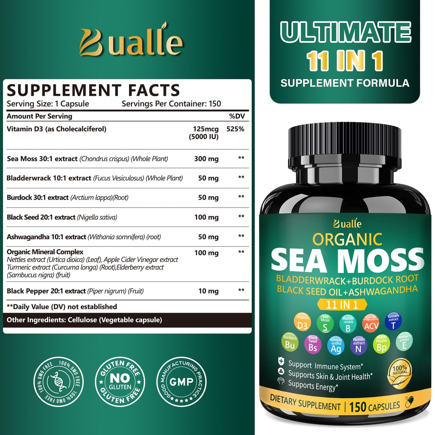 Bualle Irish Sea Moss Capsules – Organic Sea Moss, Black Seed Oil, Ashwagandha Supplements with Bladderwrack, Ginger & Burdock Root – Supports Daily Wellness, Skin & Energy – 150 Count (1 Pack) - Maple Wellness Supplements