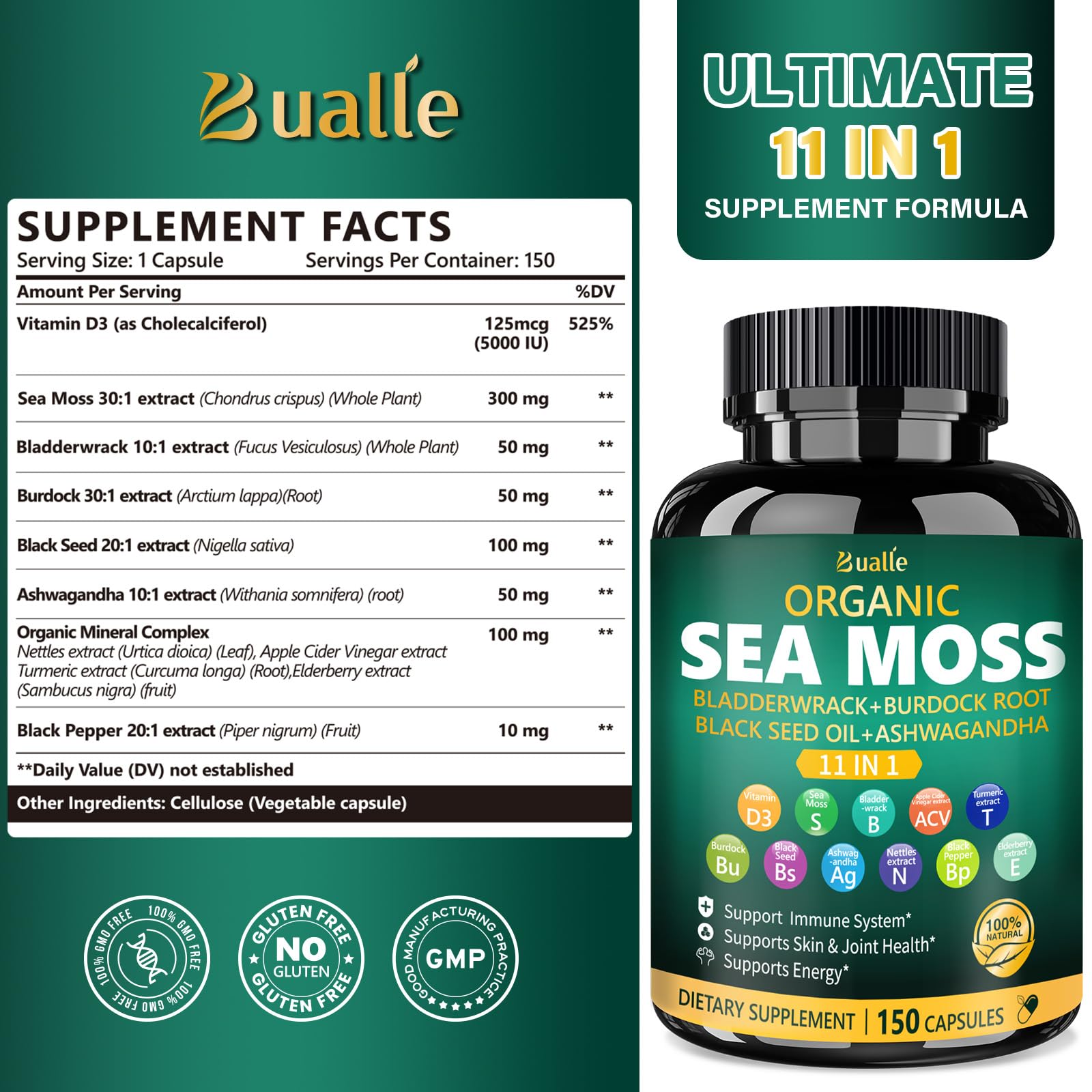 Bualle Irish Sea Moss Capsules – Organic Sea Moss, Black Seed Oil, Ashwagandha Supplements with Bladderwrack, Ginger & Burdock Root – Supports Daily Wellness, Skin & Energy – 150 Count (1 Pack) - Maple Wellness Supplements