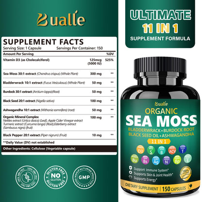 Bualle Irish Sea Moss Capsules – Organic Sea Moss, Black Seed Oil, Ashwagandha Supplements with Bladderwrack, Ginger & Burdock Root – Supports Daily Wellness, Skin & Energy – 150 Count (1 Pack) - Maple Wellness Supplements