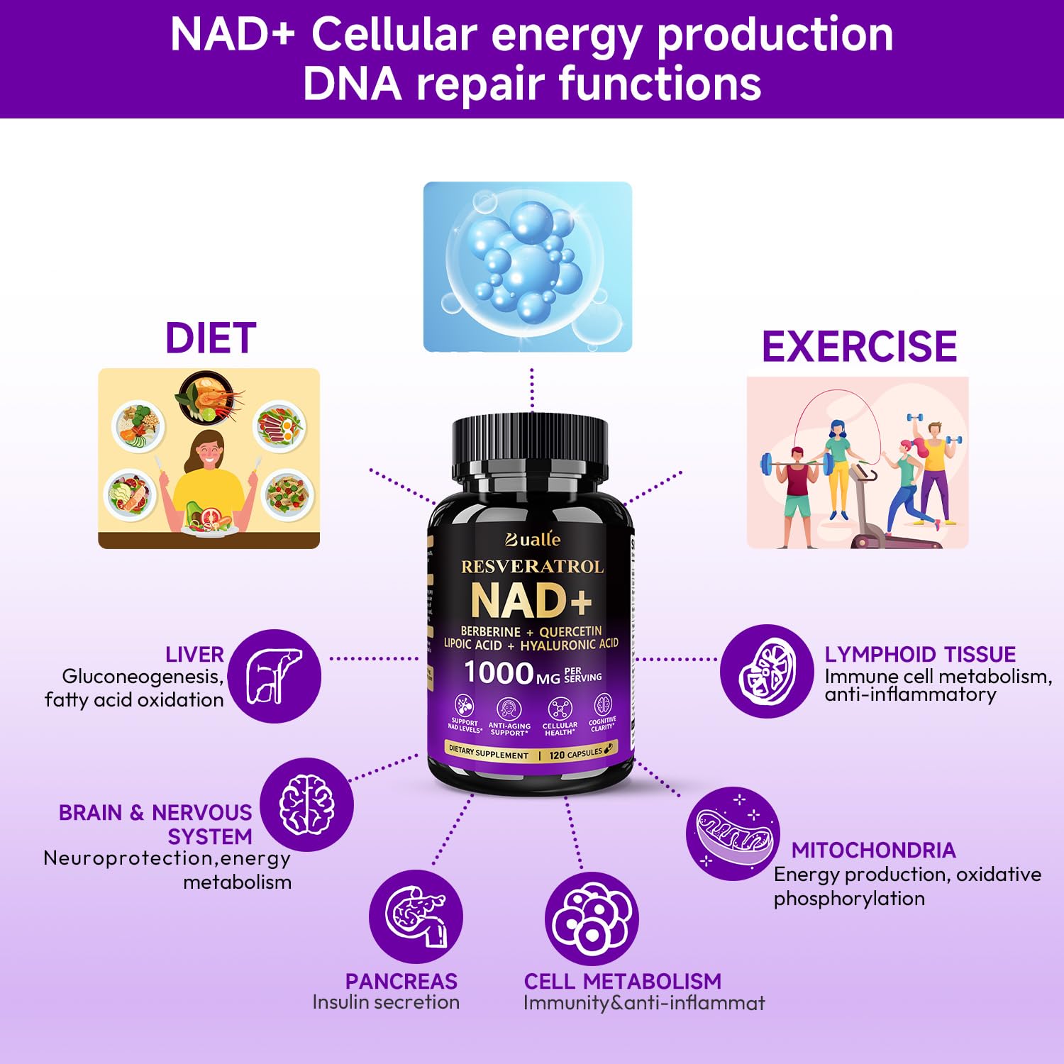 Bualle NAD Supplement, Liposomal NAD Resveratrol Supplement Contains Berberine, Alpha Lipoic Acid,Hyaluronic Acid & Quercetin - Joint Function& Support Anti-Aging,NMN Alternative -120 Capsules - Maple Wellness Supplements