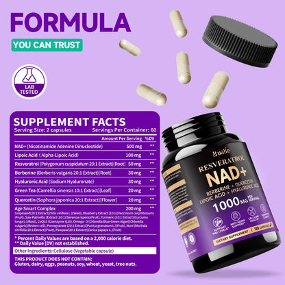 Bualle NAD Supplement, Liposomal NAD Resveratrol Supplement Contains Berberine, Alpha Lipoic Acid,Hyaluronic Acid & Quercetin - Joint Function& Support Anti-Aging,NMN Alternative -120 Capsules - Maple Wellness Supplements