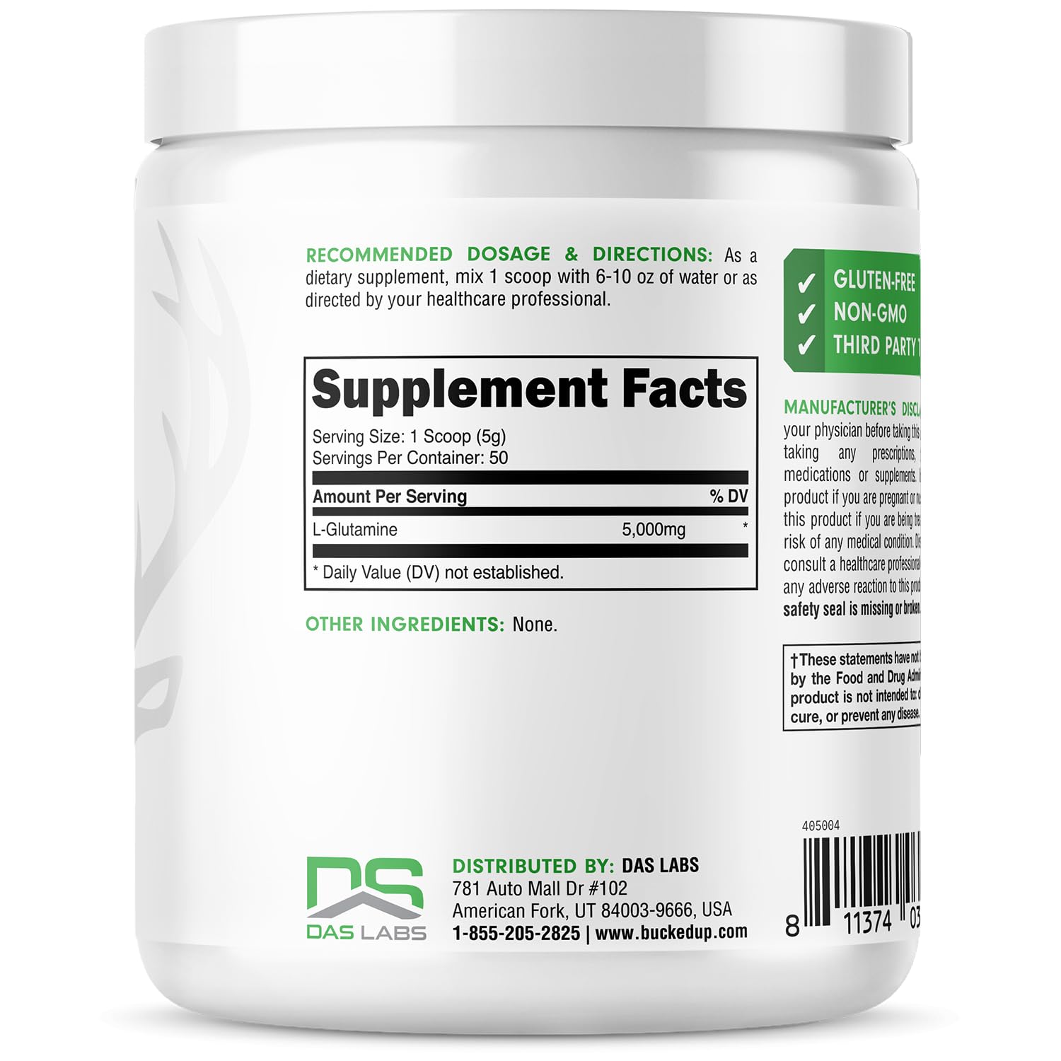 Bucked Up L-Glutamine (5000mg), Essentials (50 Servings, 250 Grams) - Maple Wellness Supplements