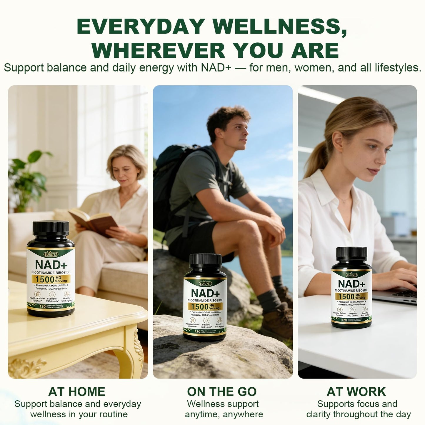 BUIUYLT NAD+ Supplement 1500mg, NR NMN Replacement with Resveratrol, Urolithin A, CoQ10 & Quercetin for Cellular Energy, Healthy Aging & Stamina for Women & Men - 120 Capsules - Maple Wellness Supplements