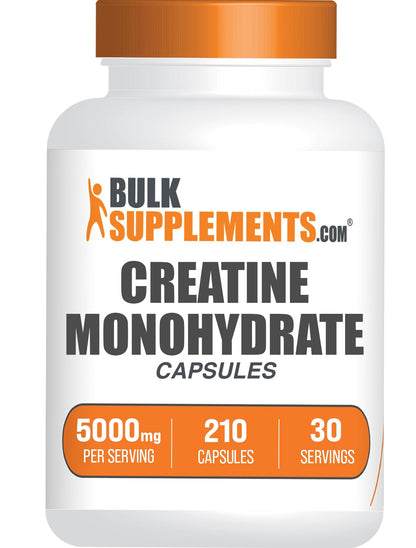 BulkSupplements.com Creatine Monohydrate Capsules - Micronized Creatine Monohydrate, Sports Nutrition - 7 Capsules per Serving, 5000mg, Gluten Free, 210 Count (Pack of 1) - Maple Wellness Supplements