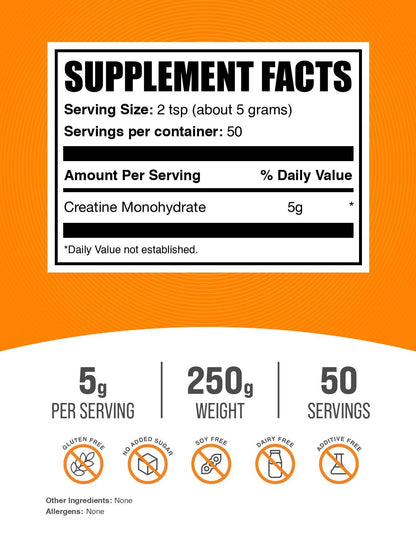 BulkSupplements.com Creatine Monohydrate Powder - Micronized Creatine Powder, Unflavored - Pure & Gluten Free, 5g (5000mg) per Servings, 250g (8.8 oz) (Pack of 1) - Maple Wellness Supplements