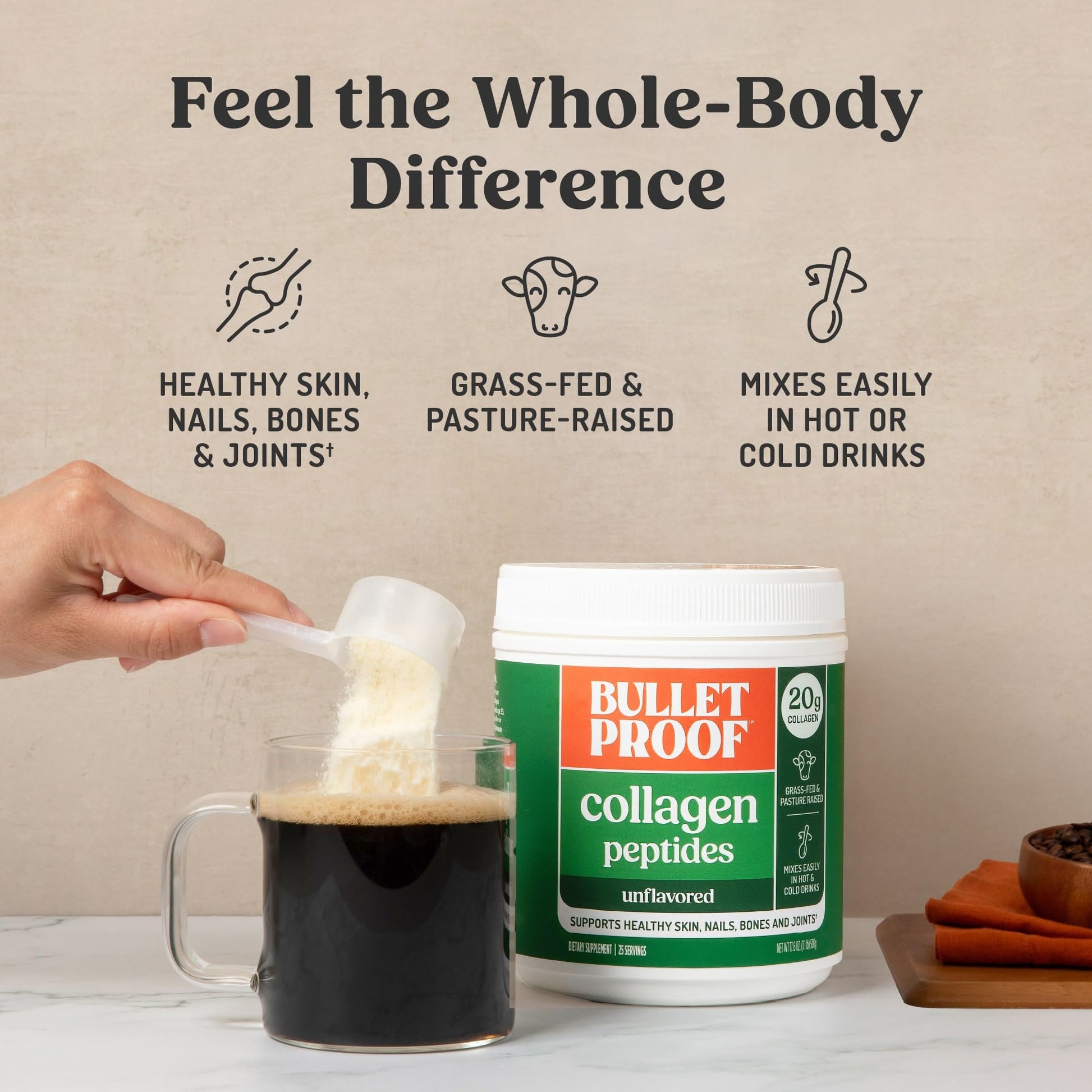 Bulletproof Unflavored Collagen Peptides Powder, 20g Grass-Fed Collagen Protein and Amino Acids for Skin - Maple Wellness Supplements
