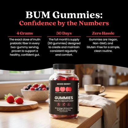 Bum Prebiotic Fiber Supplement for Men - Chicory Root Inulin Prebiotic Fiber Gummies for Men for Peachy Digestive Health, Regularity & Boating Relief - Maple Wellness Supplements