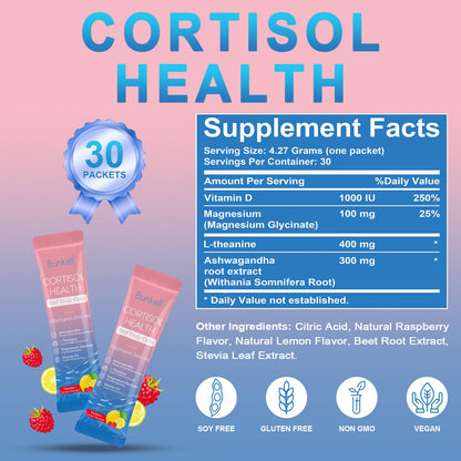 Bunkell Cortisol Powdered Drink Mix, Made with Magnesium Glycinate, L-Theanine, Ashwagandha & Vitamin D3, Cortisol Supplements for Relaxation, Focus & Calm Support, Raspberry Lemonade Flavor, 30 Ct - Maple Wellness Supplements
