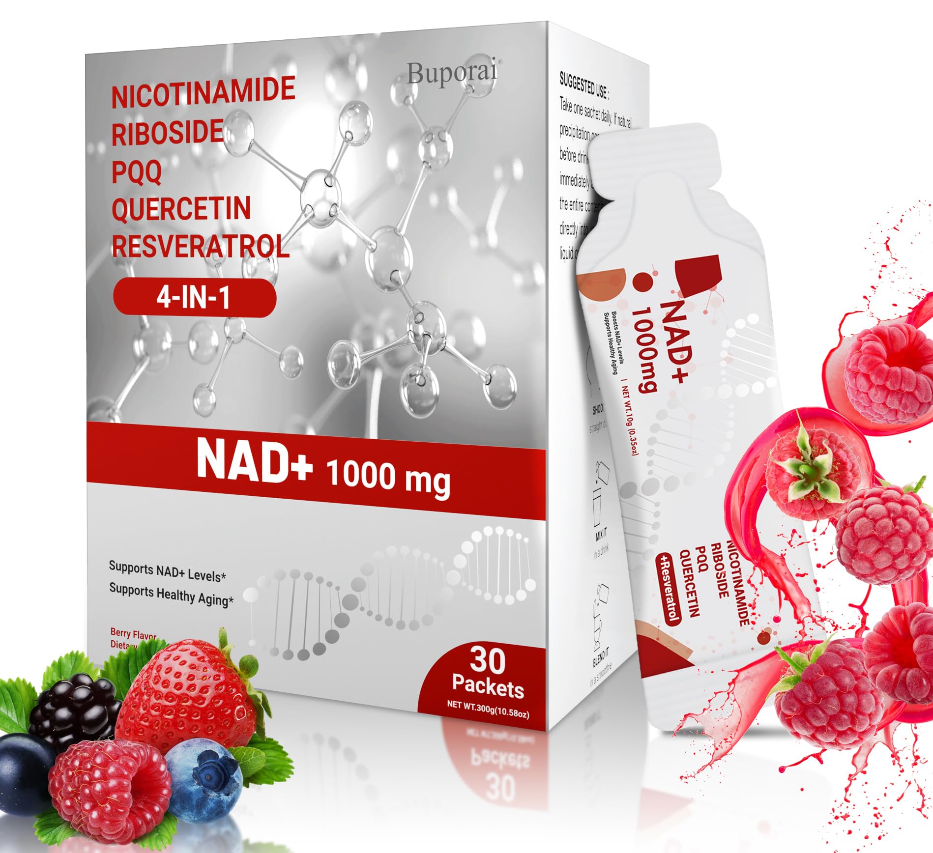 Buporai NAD Supplement 1000 mg Liquid Packets - NAD Supplements for Women & Men with Nicotinamide Riboside, Resveratrol, PQQ, Quercetin - NMNH Supplement Alternative for Anti-Aging, Energy-30 Packets - Maple Wellness Supplements