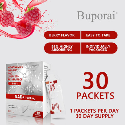 Buporai NAD Supplement 1000 mg Liquid Packets - NAD Supplements for Women & Men with Nicotinamide Riboside, Resveratrol, PQQ, Quercetin - NMNH Supplement Alternative for Anti-Aging, Energy-30 Packets - Maple Wellness Supplements