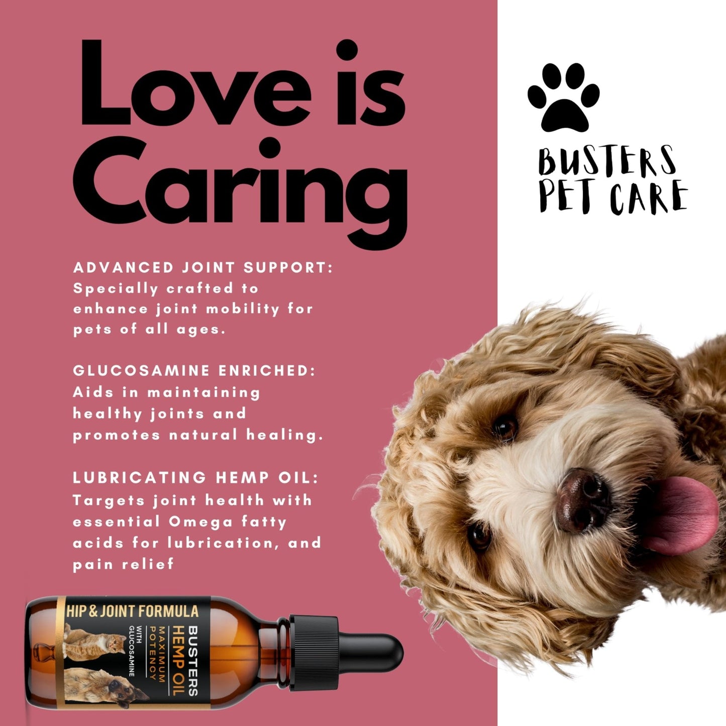 Busters Hip and Joint Hemp Oil Formula enriched with Glucosamine, Pain Relief for Dogs and Pets, Arthritis, and Advanced Mobility Support - Maple Wellness Supplements