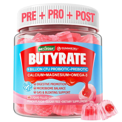 Butyrate Gummies with Probiotic + Prebiotic + Postbiotic, Omega-3 500mg,Fiber with 9 Billion CFU Probiotics, Calcium & Magnesium, Inulin,Psyllium Husk for Digestive Health,Bloating Support,Sugar Free - Maple Wellness Supplements